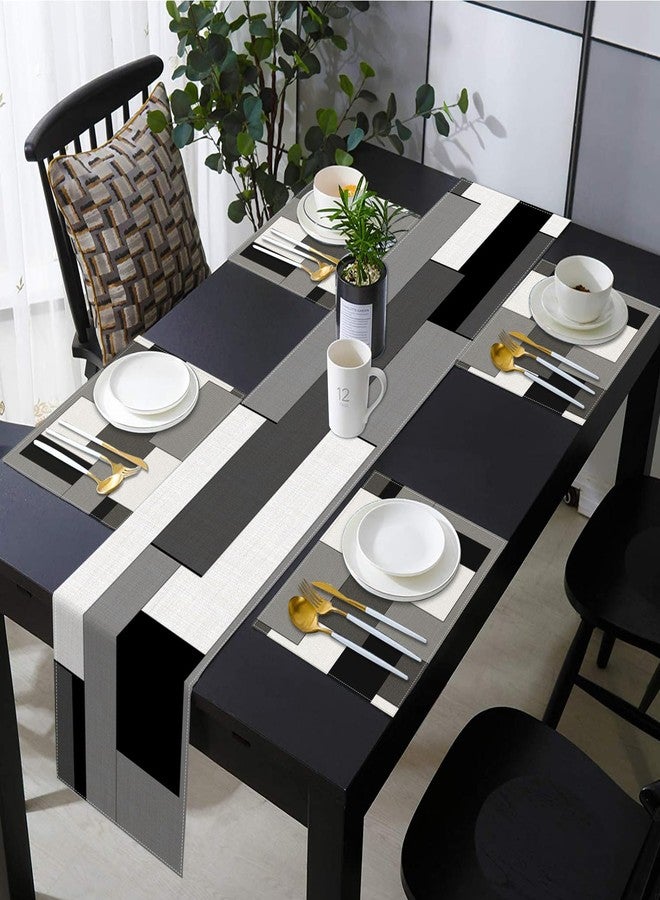 Emvency Black Grey Table Runner and Placemats Set of 6, Modern Geometric Abstract Painting Art Dining Decor for Daily Use(1 Table Runner 72 inches Long and 6 Placemats) - Image 5