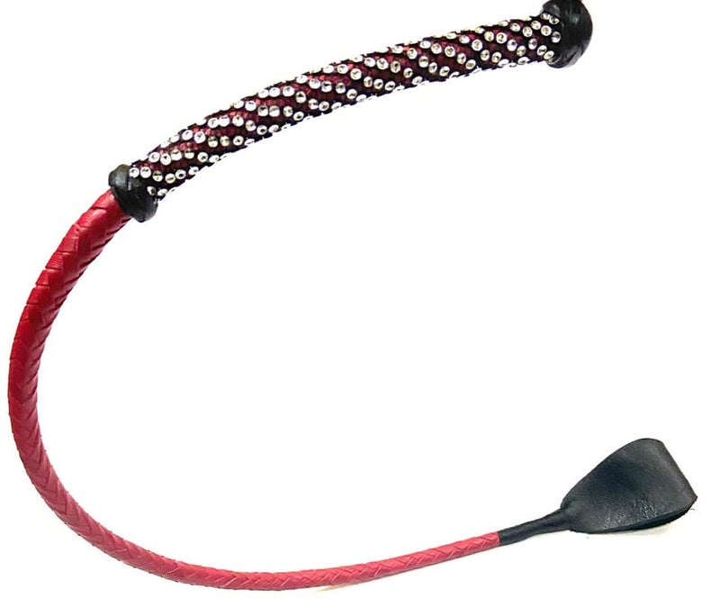 PETS TRIANGLE Leather Braided Riding Crop Unbreakable Stick Toy and Game Whip 27 inches, RED - Image 1