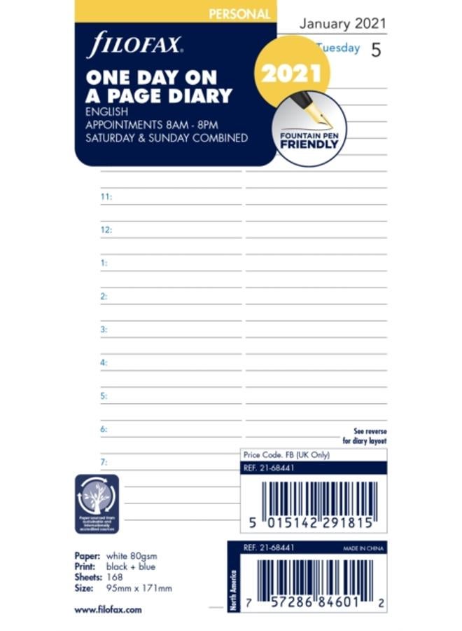 Filofax Personal Day per page English appointments 2021 diary