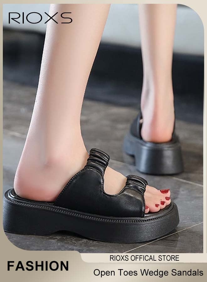 ريوكس صنادل إسفين نسائية موضة مسطحة مفتوحة من الأمام صنادل الشاطئ غير رسمية عدم الانزلاق صنادل مريحة برأس مستدير - Image 1