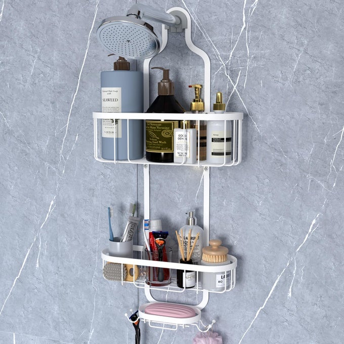 SHOWER CADDY HANGING BATHROOM SHOWER ORGANIZER SHOWER RACK WITH SOAP DISH OVER THE SHOWER HEAD CADDY WITH HOOKS FOR RAZORSPONGE WHITE ASSEMBLY REQUIRED