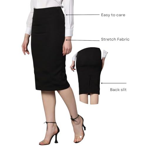 Powersutra Women's Black Stretch Pencil Skirt | Knee-Length | Formal Office Skirt with Elastic Waistband & Side Zip | Bodycon Fit for Work, Business | Casual Wear | M - Image 4