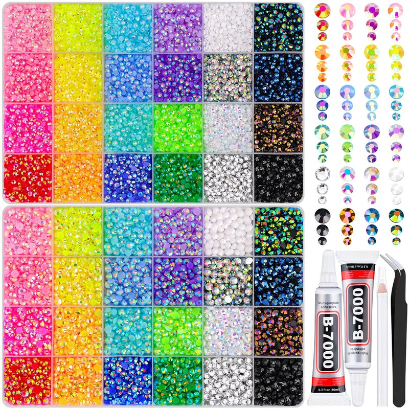 TINKRSTUFF 2 Boxes 3+4/5mm Jelly Rhinestones for Bedazzling, 22000Pcs Multicolor Flatback Resin Gems for Crafting, Bedazzler Kit with 2Pcs 10ml B7000 Jewelry Glue for DIY Crafts Book Fabric Decor Nail Art - Image 1