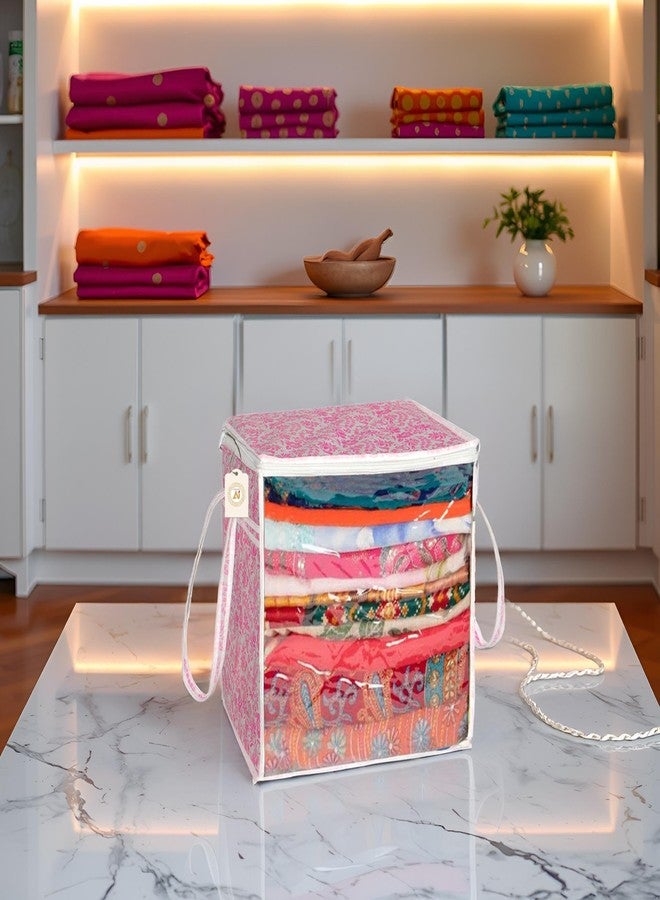 SHAPING FABRIC Pink Floral Fabric Saree Storage Bag with Transparent Front & Zipper Closure – Pack of 01 SF-SD-1386 - Image 1