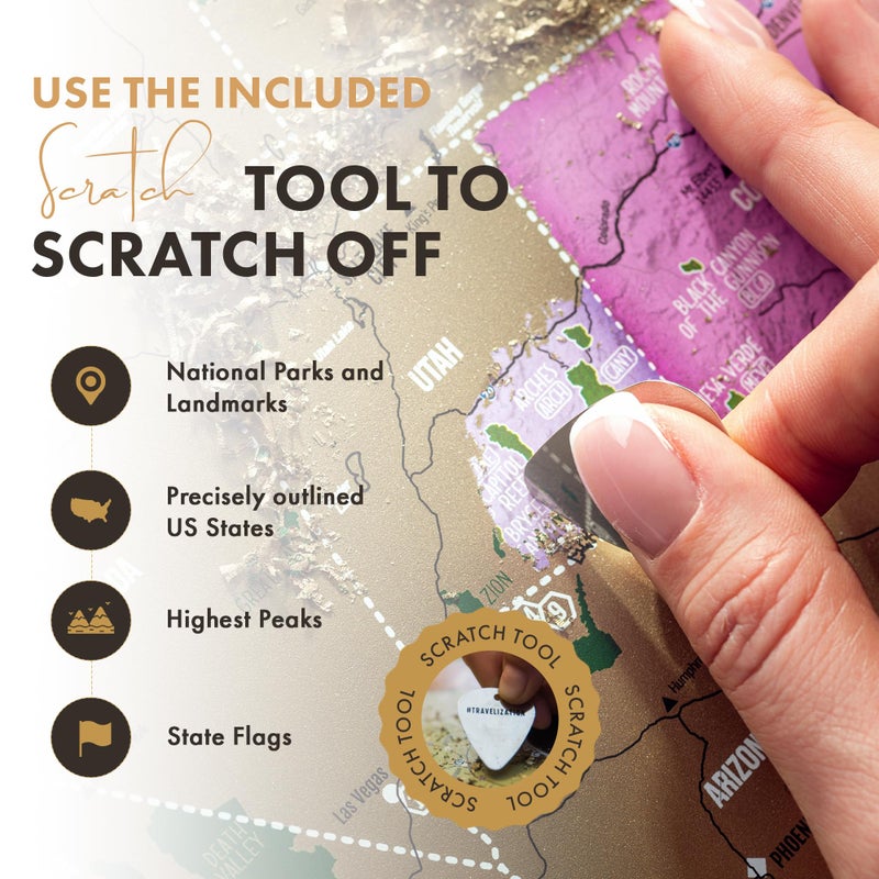 Travelization خريطة الولايات المتحدة القابلة للخدش من ترافليزايشن 24" × 17" خريطة خدش قابلة للإطار مع الحدائق الوطنية، أعلى القمم والألوان الزاهية، مثالية للمسافرين، بيضاء - Image 3