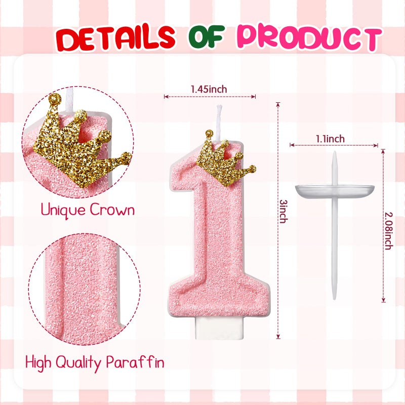 Conelist Crown 1 Candle for First Birthday Pink Number 1 Candle Berry One Glitter Cake Topper for Crown 1st Birthday Party Supplies Anniversary Decorations - Image 2