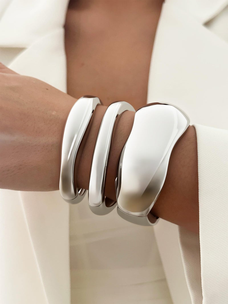 RchSLK 3Pcs Chunky Silver Bangles Bracelets for Women, Spring Hinged Big Stackable Bangles Set, Trendy Cuff Bracelet Stack Fashion Jewelry Gifts (silver) - Image 3