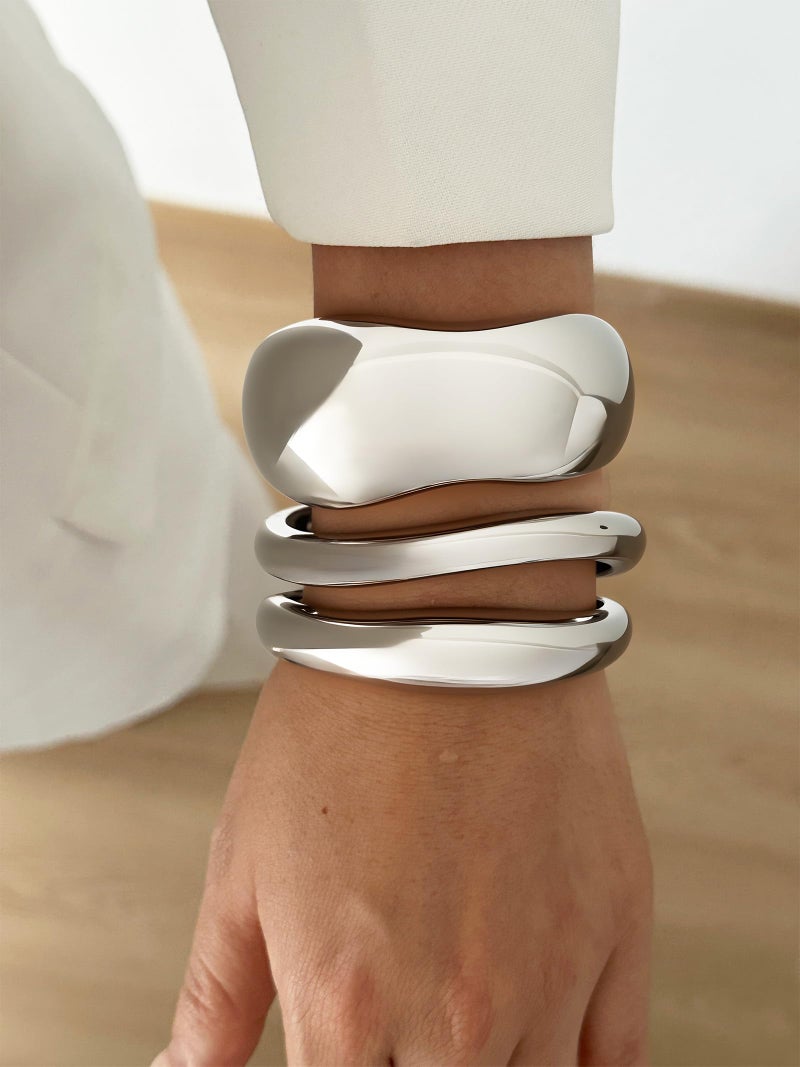 RchSLK 3Pcs Chunky Silver Bangles Bracelets for Women, Spring Hinged Big Stackable Bangles Set, Trendy Cuff Bracelet Stack Fashion Jewelry Gifts (silver) - Image 5