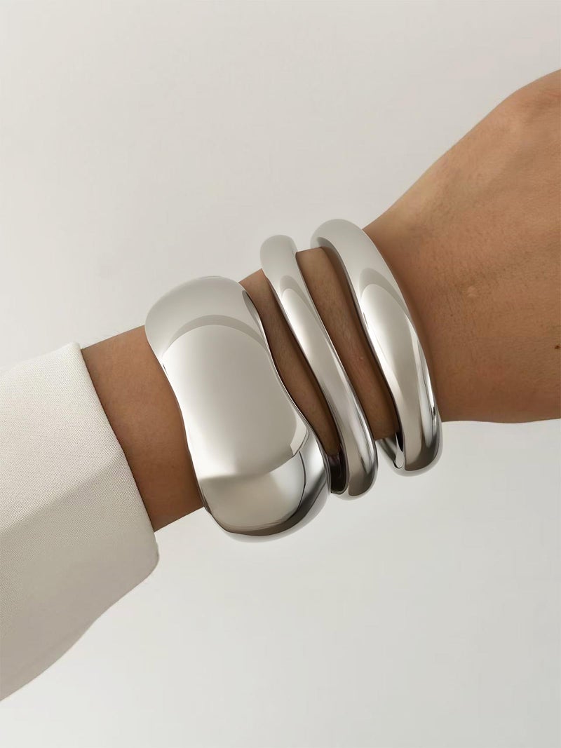 RchSLK 3Pcs Chunky Silver Bangles Bracelets for Women, Spring Hinged Big Stackable Bangles Set, Trendy Cuff Bracelet Stack Fashion Jewelry Gifts (silver) - Image 2