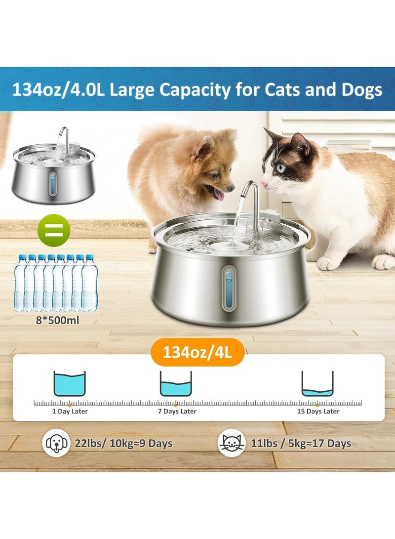 Stainless Steel Pet Fountain, 4L/134Oz Cat Water Fountain, Dog Water Dispenser,Water Level Window and LED Light Ultra-Quiet Pump,Cat Dog Multiple  Automatic Pets Fountain for Drinking