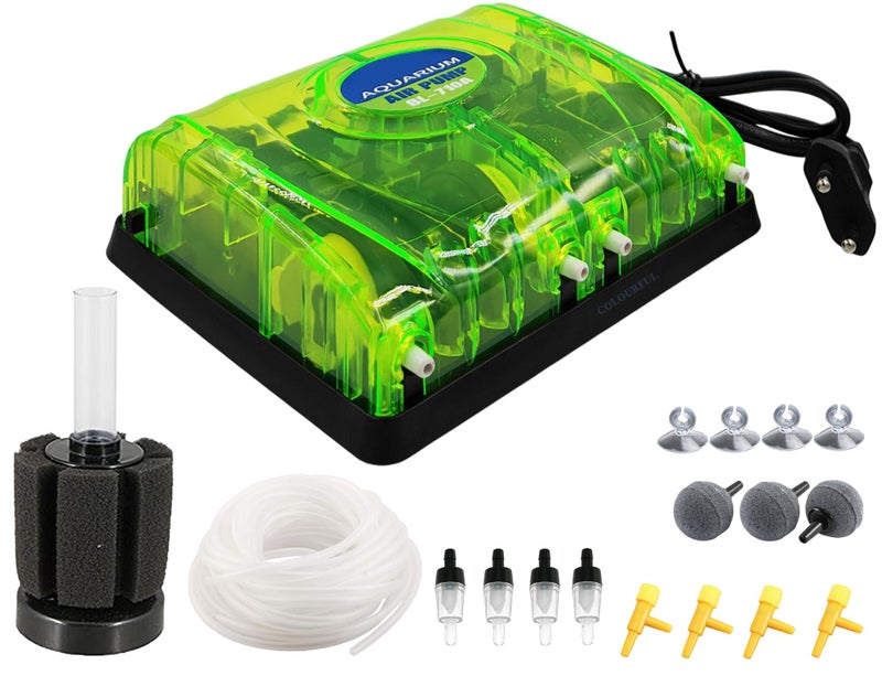 COLOURFUL - 4 Outlet Aquarium Oxygen Air Pump with Air Stones and Pipe | Adjustable and Silent Airpump | Fish Tank Aeration Device for Airpump for Aquarium (BL-710A-Combo-6) - Image 1