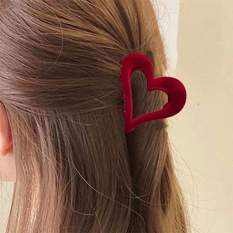 UCCASA 1pcs Love Heart Hair Clips - Valentines Retro Elegant Simple Red Flocked Designs Claw Clips for Thick Thin Hair Red Velvet Heart-Shaped Hair Accessories Valentine Hair Clips for Women Girls - Image 1