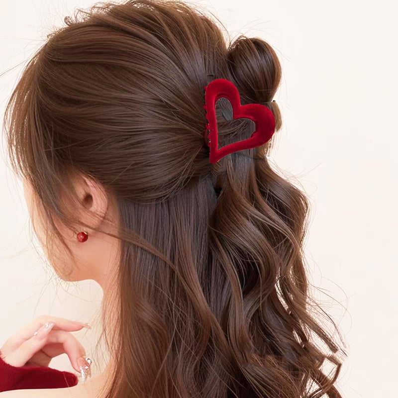 UCCASA 1pcs Love Heart Hair Clips - Valentines Retro Elegant Simple Red Flocked Designs Claw Clips for Thick Thin Hair Red Velvet Heart-Shaped Hair Accessories Valentine Hair Clips for Women Girls - Image 2