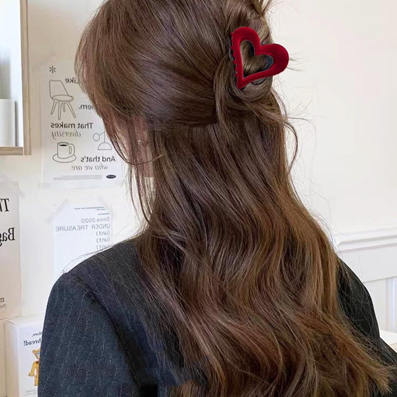 UCCASA 1pcs Love Heart Hair Clips - Valentines Retro Elegant Simple Red Flocked Designs Claw Clips for Thick Thin Hair Red Velvet Heart-Shaped Hair Accessories Valentine Hair Clips for Women Girls - Image 4