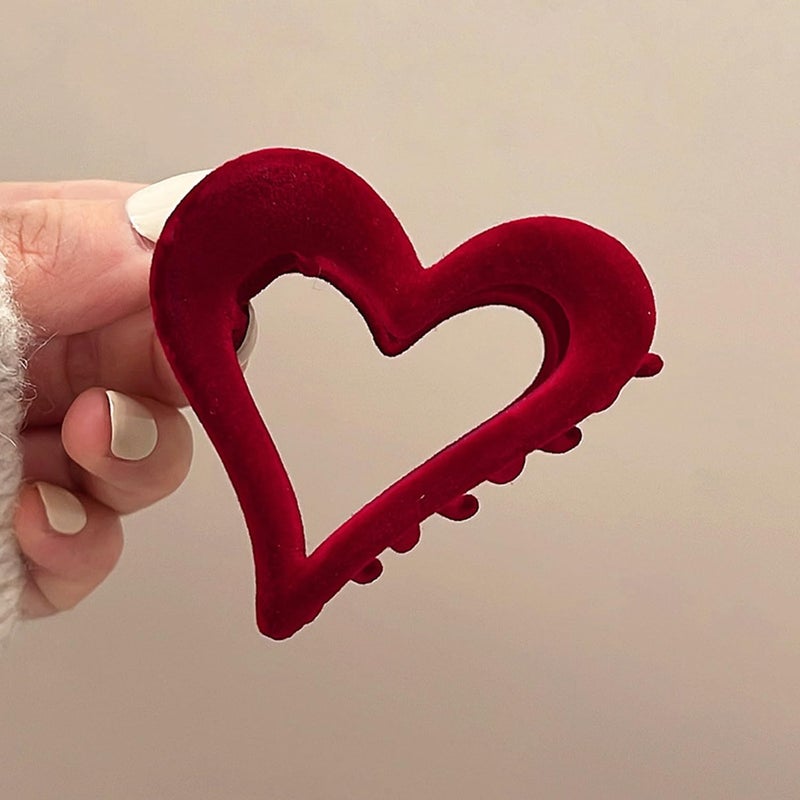 UCCASA 1pcs Love Heart Hair Clips - Valentines Retro Elegant Simple Red Flocked Designs Claw Clips for Thick Thin Hair Red Velvet Heart-Shaped Hair Accessories Valentine Hair Clips for Women Girls - Image 3