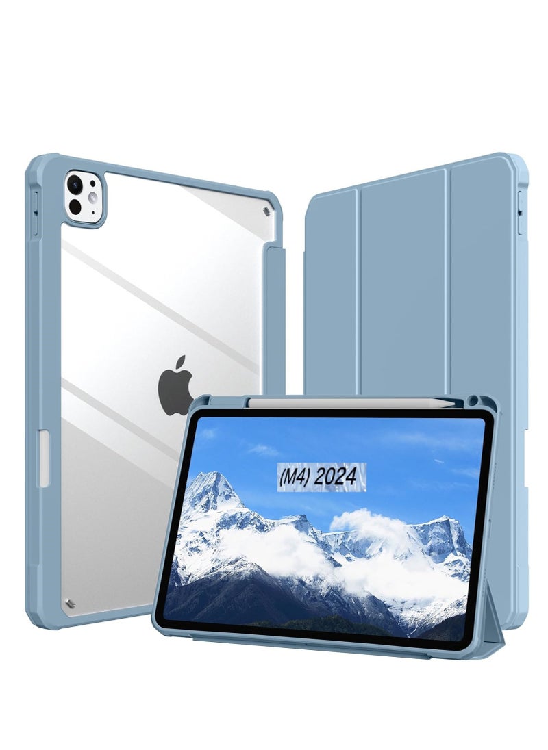 EVO Smart Case for iPad Pro 11 Inch 2024 M4 with Pencil Holder, Clear Back Slim Tri-fold Folio Stand Shell Tablet Cover for iPad Pro 11" 2024 5th Generation -Blue Sky 