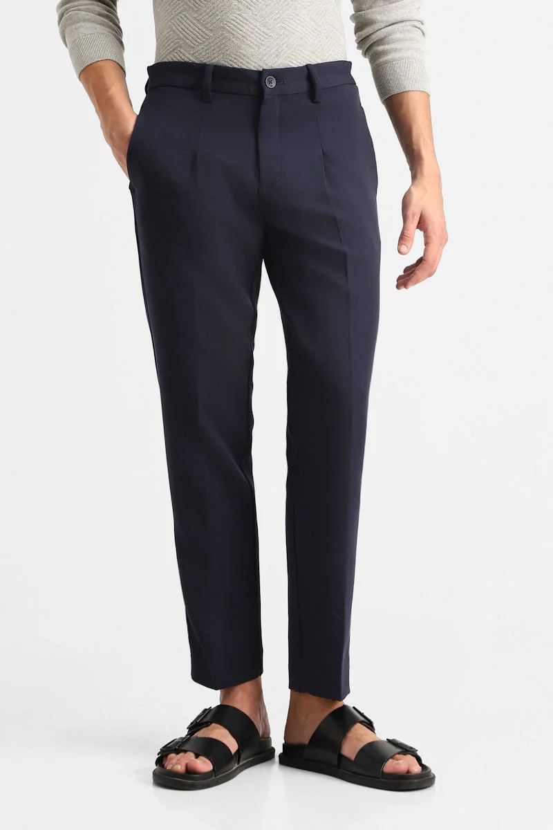 SNITCH Navy Regular Fit Stretch Trousers for Men | Best Price UAE