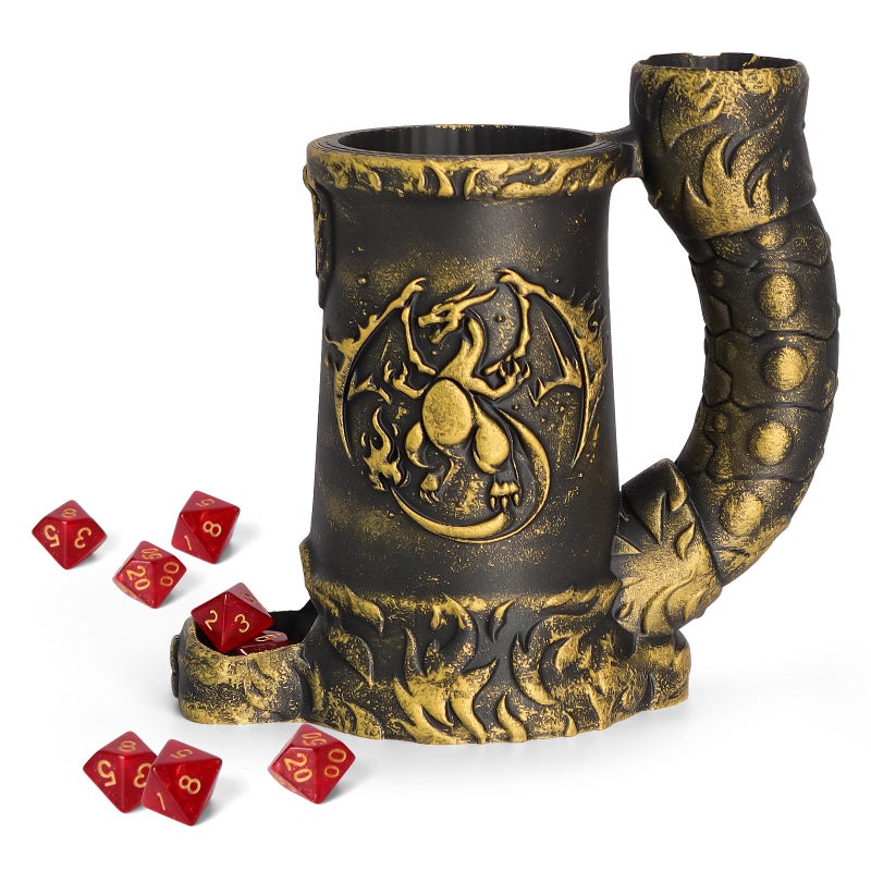 Luazuri Mug Dice Tower Dice Rolling Tower7PCS D20 Dice Set Included for DND Gift and Dungeons and Dragon Tabletop Games Drink Holder Tavern Style Board Game Roller Gold - Image 3