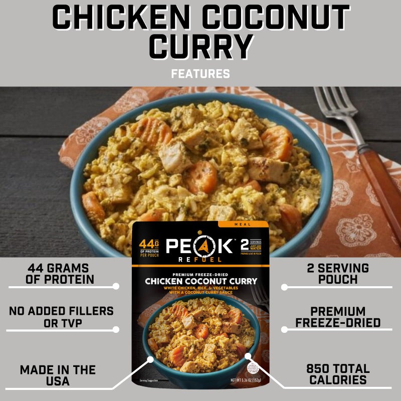 Peak Refuel Chicken Coconut Curry | Freeze Dried Backpacking and Camping Food | Amazing Taste & Quality | High Protein | Real Meat | Quick Prep (2 Serving Pouch) - Image 2