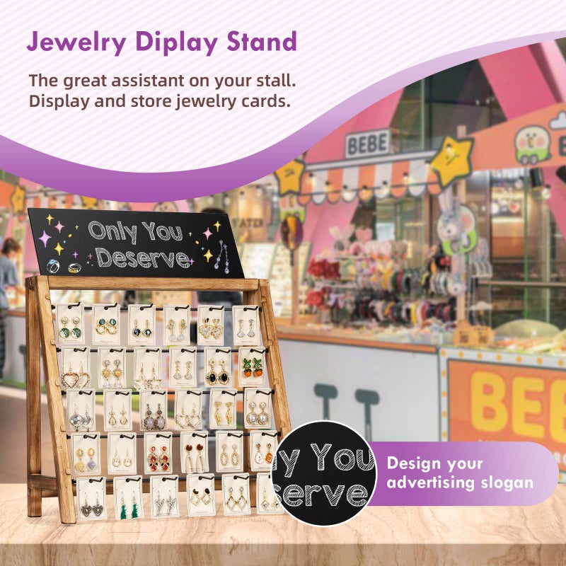 Poyilooo Jewelry Display for Vendors Selling, Wood Earring Bracelet Keychain Display for Vendors with Adversitsing Board 30 Hooks, Large Capacity Jewelry Holder Display Stands Rack for Earring Card - Image 3