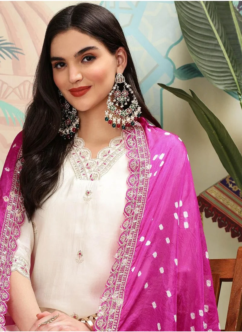 آي شين Women's Off White Viscose Blend Embellished Tunic Full Length Casual Straight Fit Kurta Set