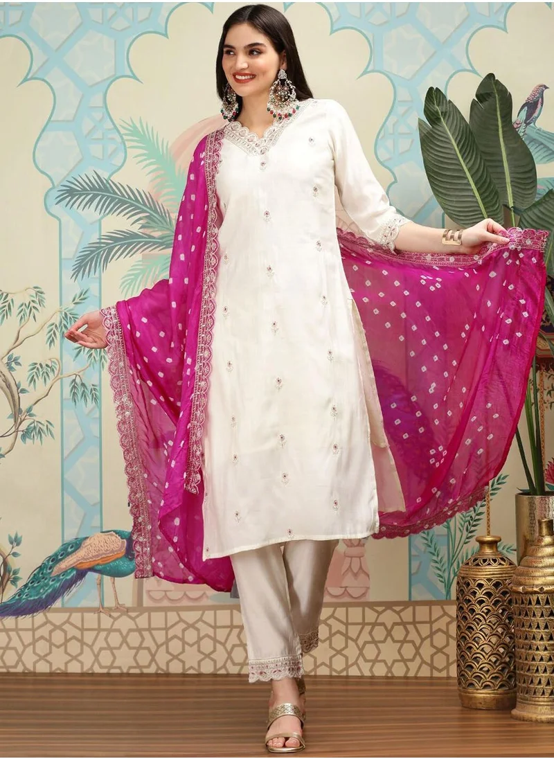 آي شين Women's Off White Viscose Blend Embellished Tunic Full Length Casual Straight Fit Kurta Set