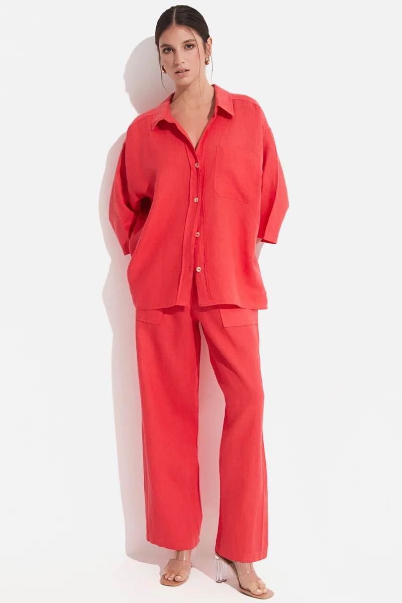 جون Women's Exclusive Regular/normal Pattern 100% Linen Short Sleeve Shirt