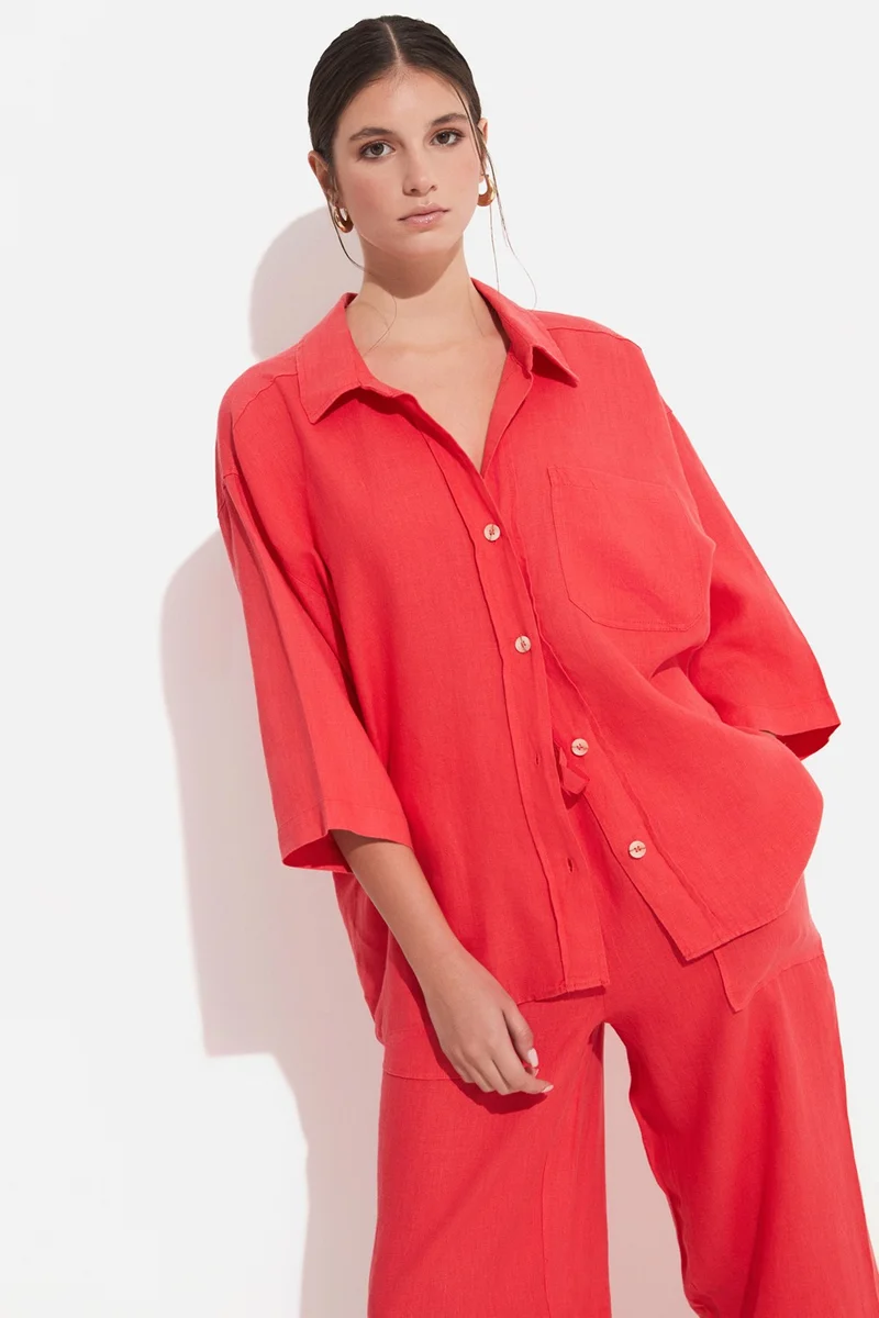 جون Women's Exclusive Regular/normal Pattern 100% Linen Short Sleeve Shirt