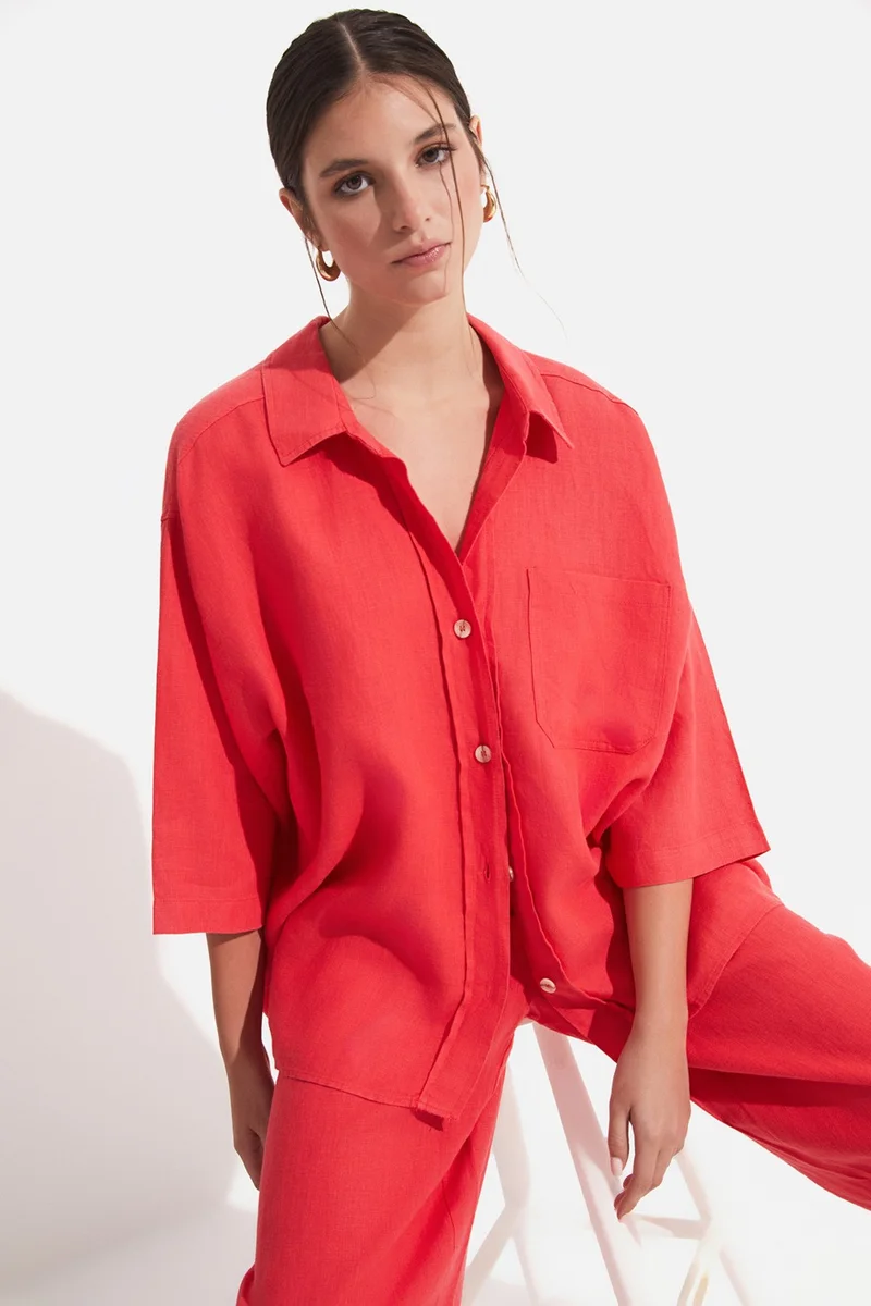 جون Women's Exclusive Regular/normal Pattern 100% Linen Short Sleeve Shirt