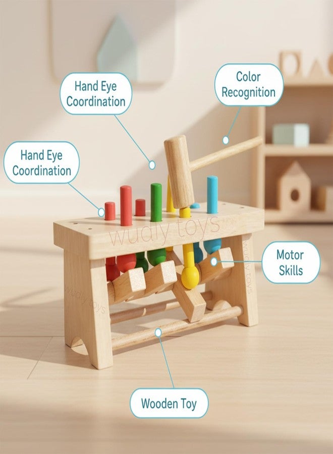 Wudly Wooden Hammer Peg Bench Toy for Kids | Montessori Pound Bench Hammering Block Punch Drop Instruments Game with Mallet | Colour Matching | Kids for 12M+ Multicolour - Image 3