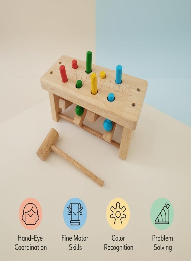 Wudly Wooden Hammer Peg Bench Toy for Kids | Montessori Pound Bench Hammering Block Punch Drop Instruments Game with Mallet | Colour Matching | Kids for 12M+ Multicolour - Image 4