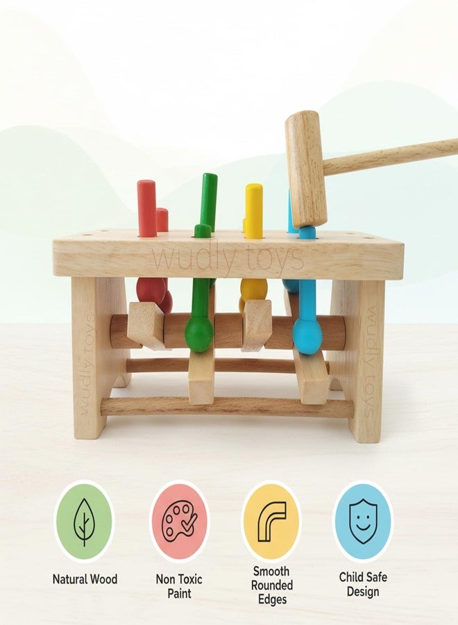 Wudly Wooden Hammer Peg Bench Toy for Kids | Montessori Pound Bench Hammering Block Punch Drop Instruments Game with Mallet | Colour Matching | Kids for 12M+ Multicolour - Image 5