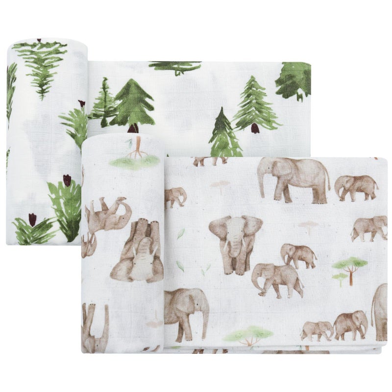Lifetree Baby Swaddle Blankets  Boys Girls Muslin Swaddling Wrap Receiving Blanket For Newborn  70% Viscose From Bamboo And 30% Cotton  Large 47"" X 47""  Elephant And Tree Pattern - Image 1