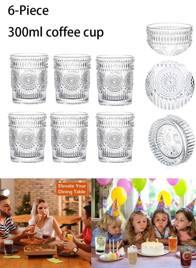 HAOHAN 6 Piece Glass Coffee Cup 300ml - Insulated Clear Coffee Cup Set, Perfect for Espresso, Cappuccino, Latte, Americano, Tea Bags, Drinks, Clear Embossed Teacups, Glass Coffee Cup Set, Perfect for Christmas and Thanksgiving Gifts - Image 1