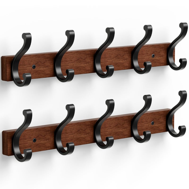 Jasopaco Solid Wood Wall Mounted Coat Rack, Heavy Duty 5 Hook Wooden Hanger with Metal Hooks for Hanging Hats, Coats, Towels, Backpack, Keys in Closet, Entryway, Bedroom, Bathroom, 2 Pack. - Image 1