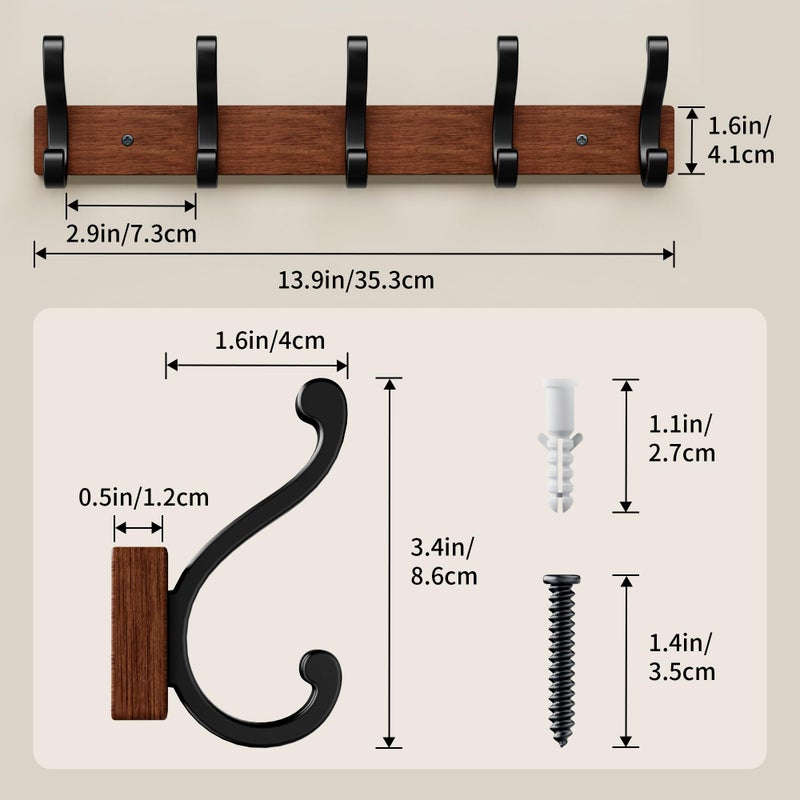 Jasopaco Solid Wood Wall Mounted Coat Rack, Heavy Duty 5 Hook Wooden Hanger with Metal Hooks for Hanging Hats, Coats, Towels, Backpack, Keys in Closet, Entryway, Bedroom, Bathroom, 2 Pack. - Image 5
