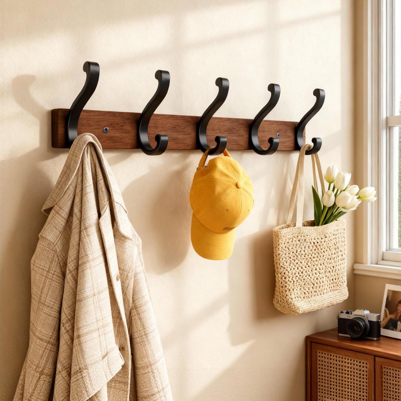 Jasopaco Solid Wood Wall Mounted Coat Rack, Heavy Duty 5 Hook Wooden Hanger with Metal Hooks for Hanging Hats, Coats, Towels, Backpack, Keys in Closet, Entryway, Bedroom, Bathroom, 2 Pack. - Image 4
