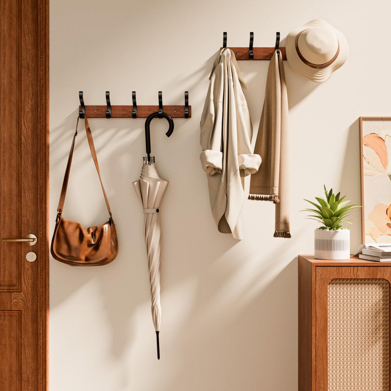 Jasopaco Solid Wood Wall Mounted Coat Rack, Heavy Duty 5 Hook Wooden Hanger with Metal Hooks for Hanging Hats, Coats, Towels, Backpack, Keys in Closet, Entryway, Bedroom, Bathroom, 2 Pack. - Image 2