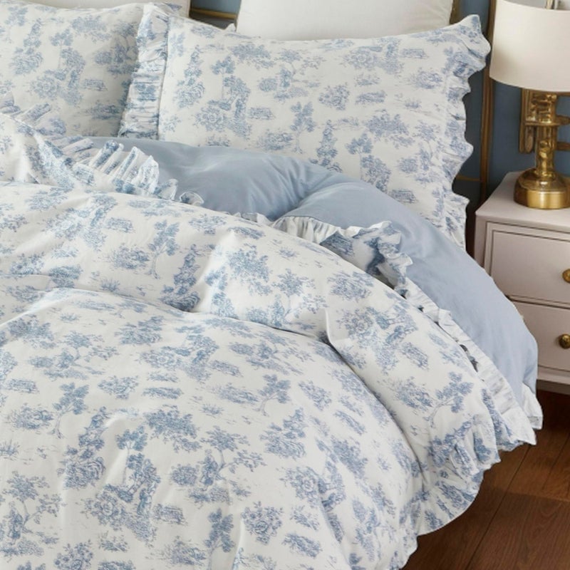 Brandream French Country Garden Toile Floral Duvet Quilt Cover King Size 100 Cotton Bedding Set Toile Tapestry Pattern Blossom Tree Branches Delicate Ruffle Fringe Design - Image 2