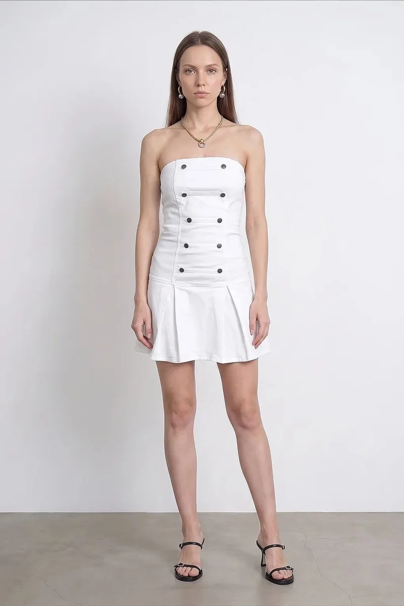 DILVIN Strapless Mini Dress With Button Detail