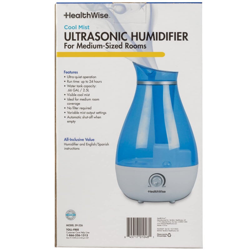 HealthWise Cool Mist Ultrasonic Humidifier | For Medium Size Rooms | No Filter Required | 24 Hour Run Time, Blue, 2.6L - Image 3