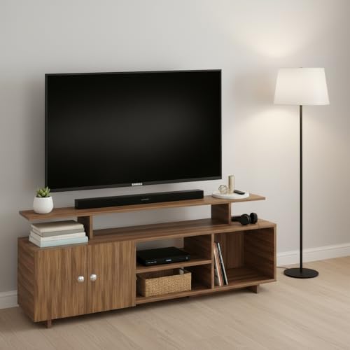 FURNEASER Eskido Engineered Wood TV Entertainment Unit, Floor Standing TV Cabinet with Storage Shelves for Living Room, TV Stand for 32,43,50 & 55 Inch TV (Exotic Teak & White) (Exotic Teak) - Image 2