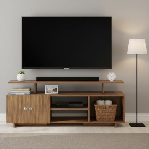 FURNEASER Eskido Engineered Wood TV Entertainment Unit, Floor Standing TV Cabinet with Storage Shelves for Living Room, TV Stand for 32,43,50 & 55 Inch TV (Exotic Teak & White) (Exotic Teak) - Image 1