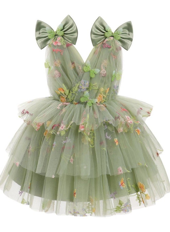 IMEKIS Toddler Girls Butterfly Birthday Dress Rainbow Tulle Formal Wedding Party Ruffle Tutu Dresses Photo Shoot, Sage Green Floral, 4-5 Years - Image 1