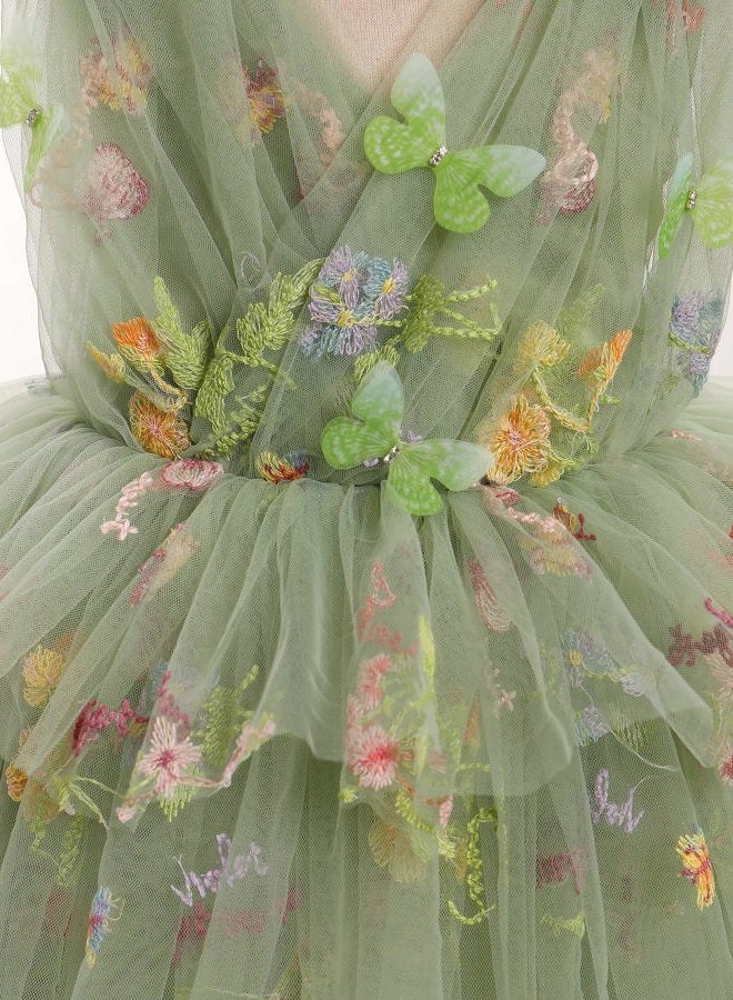 IMEKIS Toddler Girls Butterfly Birthday Dress Rainbow Tulle Formal Wedding Party Ruffle Tutu Dresses Photo Shoot, Sage Green Floral, 4-5 Years - Image 2
