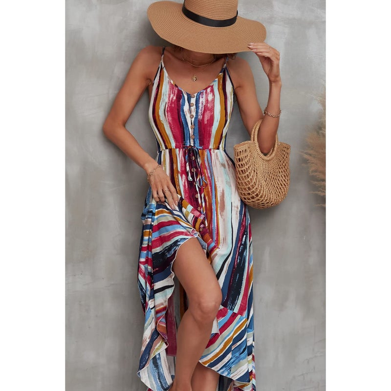 BROVAVE Women's 2025 Summer Casual Boho Sundress Polka Dot Spaghetti Strap V Neck Flowy Midi Dresses(008 Color Block, Small) - Image 5