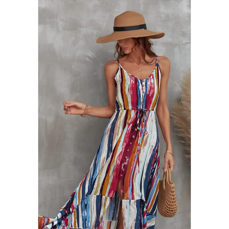 BROVAVE Women's 2025 Summer Casual Boho Sundress Polka Dot Spaghetti Strap V Neck Flowy Midi Dresses(008 Color Block, Small) - Image 4