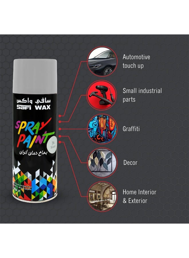 Safi WAX Silver Spray Paint 450ml for Metal Wood Glass Canvas Walls Quick Dry High Gloss Finish Strong Adhesion Indoor Outdoor Use for Automotive Touch Up Home Decor DIY Projects Rust Covering Fast Drying Smooth Coating Long Lasting Surface Protection - Image 5