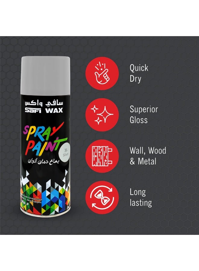 Safi WAX Silver Spray Paint 450ml for Metal Wood Glass Canvas Walls Quick Dry High Gloss Finish Strong Adhesion Indoor Outdoor Use for Automotive Touch Up Home Decor DIY Projects Rust Covering Fast Drying Smooth Coating Long Lasting Surface Protection - Image 3