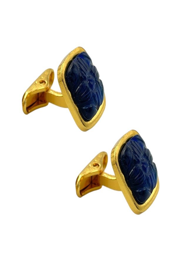 LBV 24K Pure Gold Premium Square Shape Carved Cufflink With Blue Sapphire Sustainable Stone for Men - Image 1
